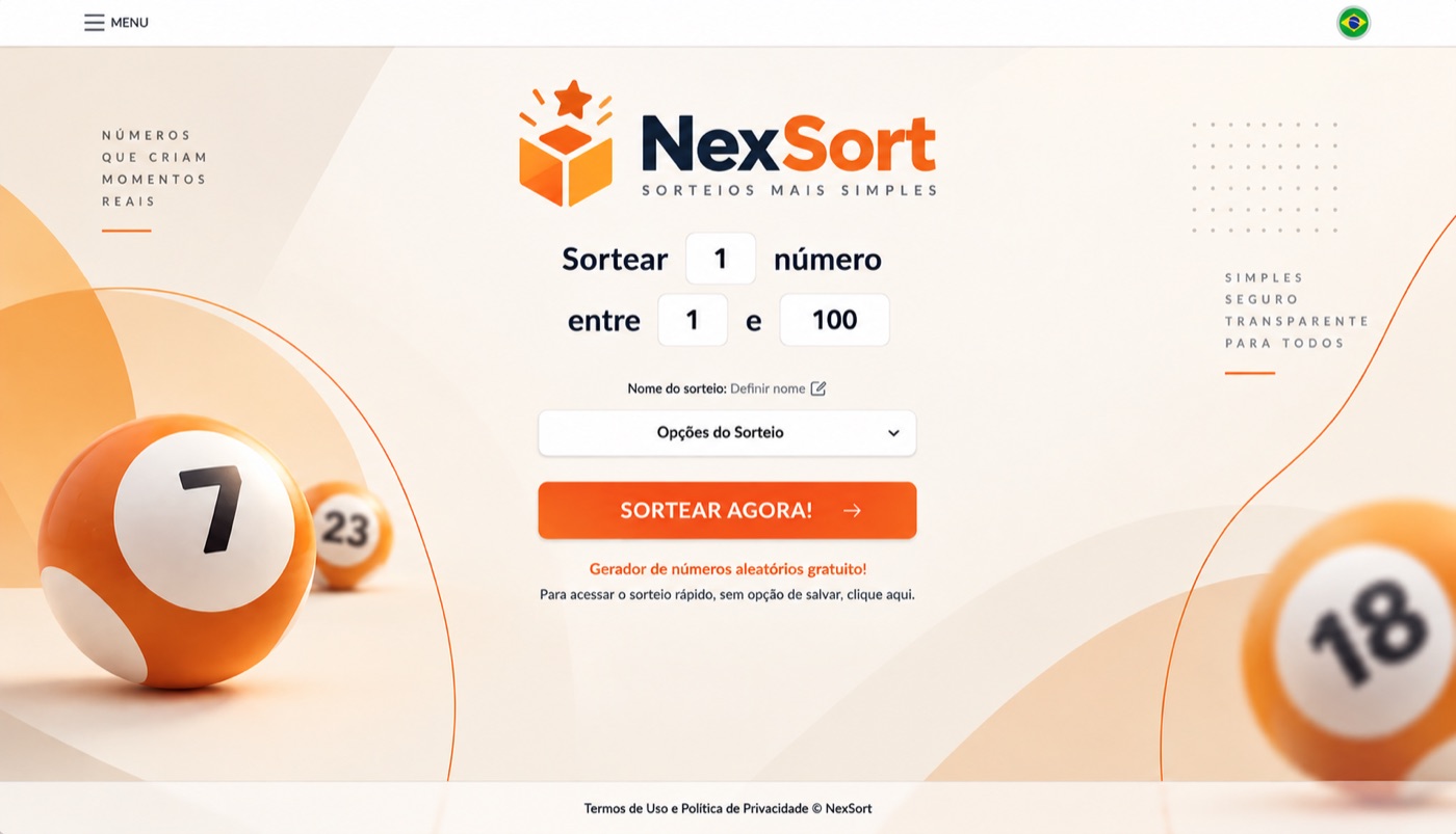 Tela de sorteio personalizada com a marca fictícia NexSort: logo própria, fundo bege com bolas de sorteio e botão SORTEAR AGORA na cor da marca