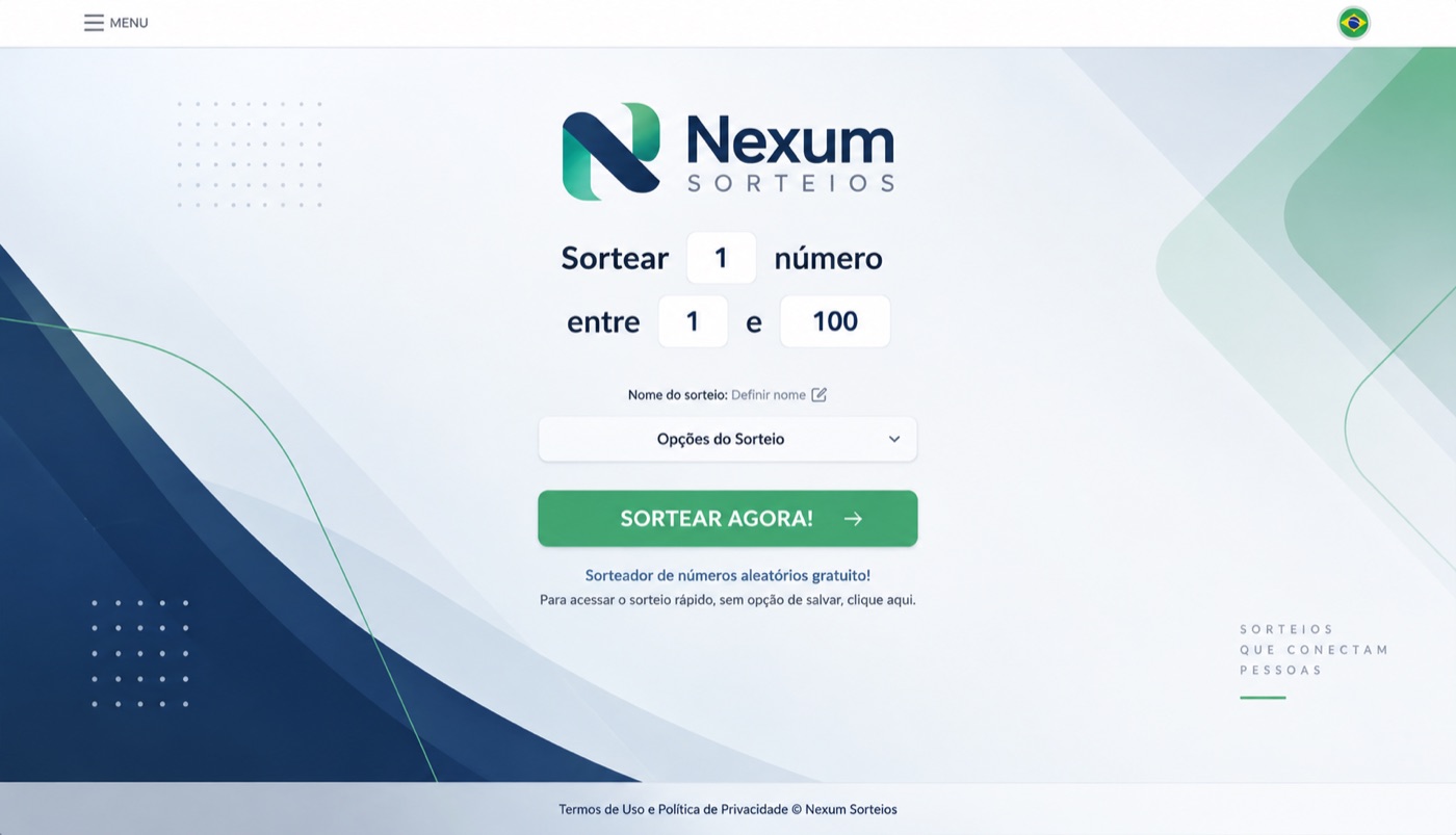 Tela de sorteio personalizada com a marca fictícia Nexum Sorteios: logo própria, fundo em azul-marinho e verde e botão SORTEAR AGORA na cor da marca